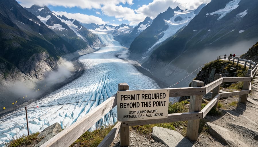Hiker overlooking an icy glacier valley with layered snow and distant crevasse-like patterns