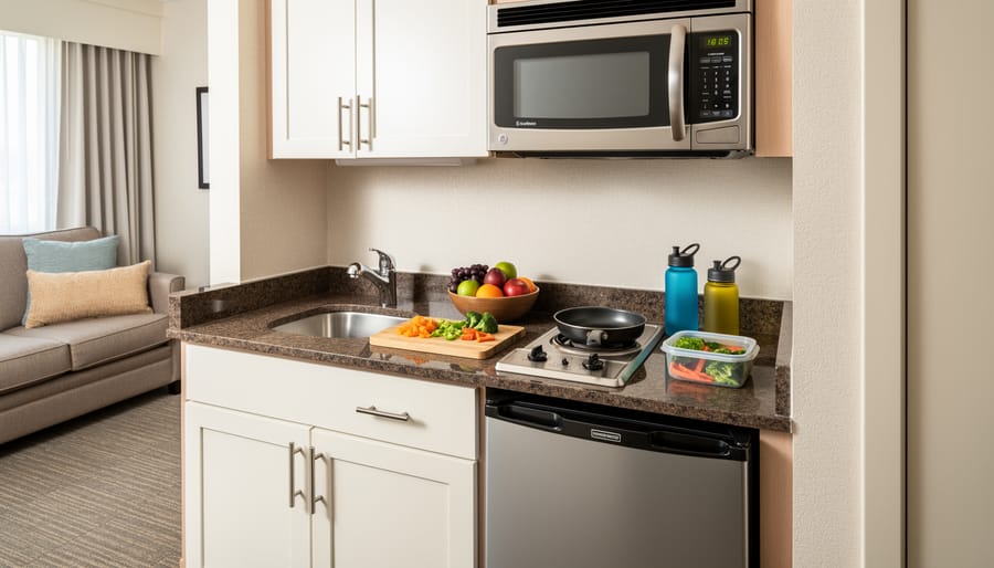 Bright hotel suite kitchenette with refrigerator, microwave, sink, and cooking tools on a counter.
