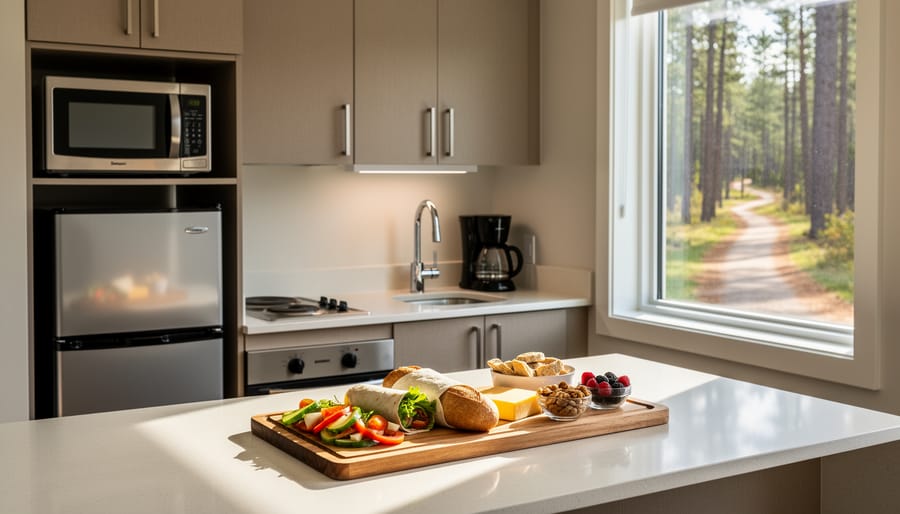 “Hotel kitchenette with mini-fridge, microwave, two-burner stove, coffee maker, and fresh ingredients, with a blurred view of pine trees outside the window.”