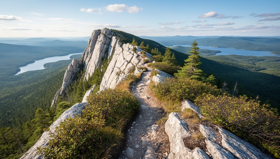 A hiker silhouetted on rocky white quartzite ridges resembling the La Cloche Silhouette Trail