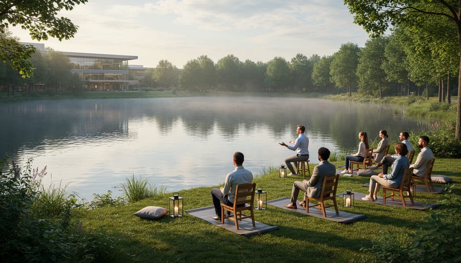 Group seated outdoors on wooden chairs for a mindful session overlooking a calm lake and trees