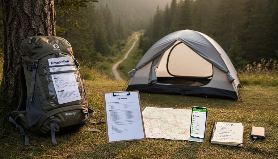 Lantern-lit campsite table with backpack and waterproof notebook near a twilight lake.