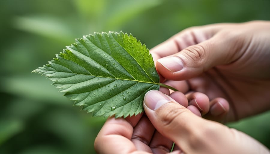 Close-up of tree and wildflower leaves with a magnifying glass on a forest floor