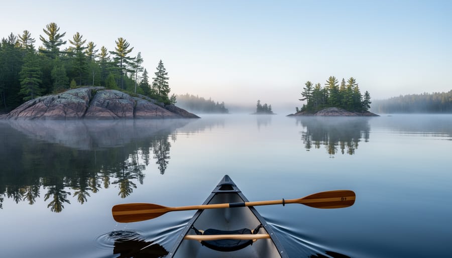 Canoe on Matinenda Lake with distant bays and islands in the morning mist