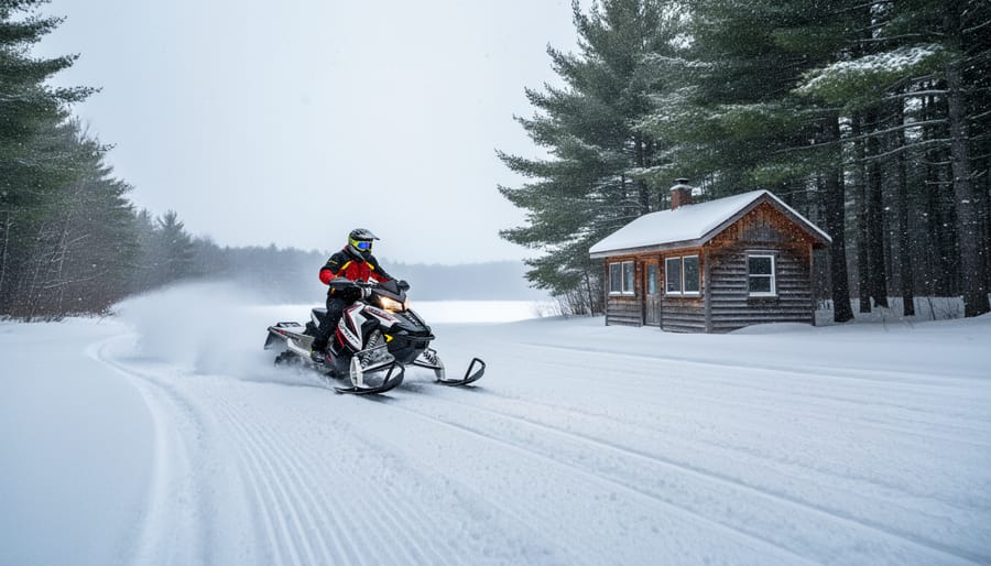 Snowmobile riding on a groomed winter trail through evergreen forest in New Hampshire with a warming hut in the distance