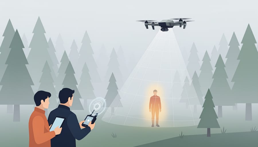 Responder using a thermal camera in a dark forest while an emergency drone assists during a nighttime search
