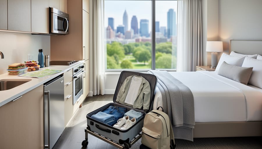 In-room kitchenette area with stove, small fridge, and breakfast items in a modern Toronto-style hotel suite.