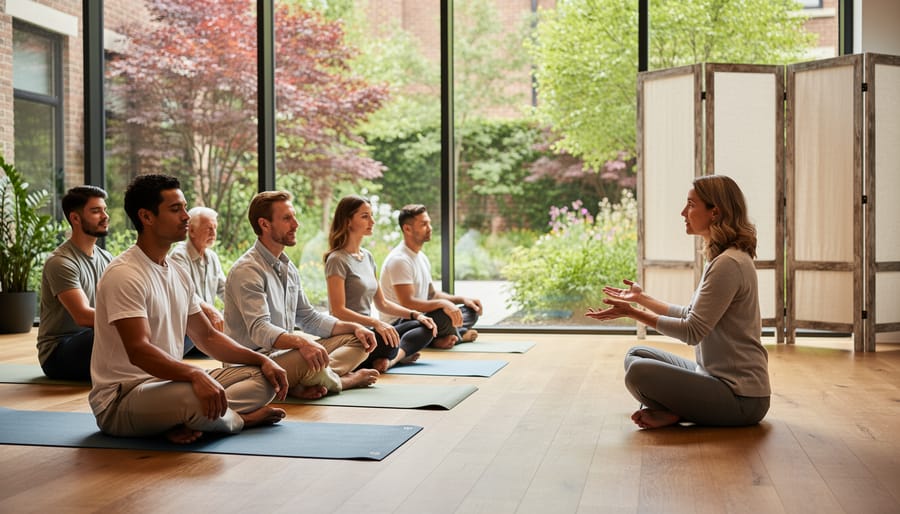 “A diverse group practices a calm guided wellness session on yoga mats inside a community space with outdoor greenery visible through large windows.”