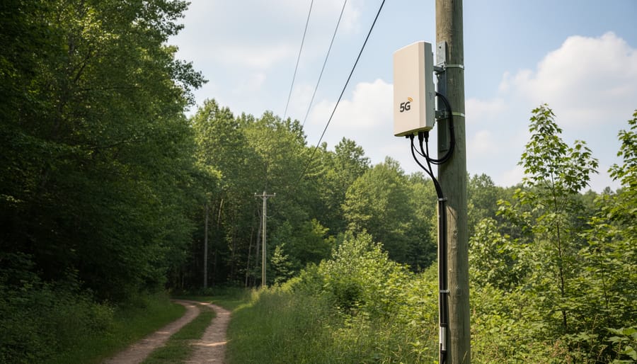 A modern small-cell 5G device mounted on a pole near a forest trail in Ontario
