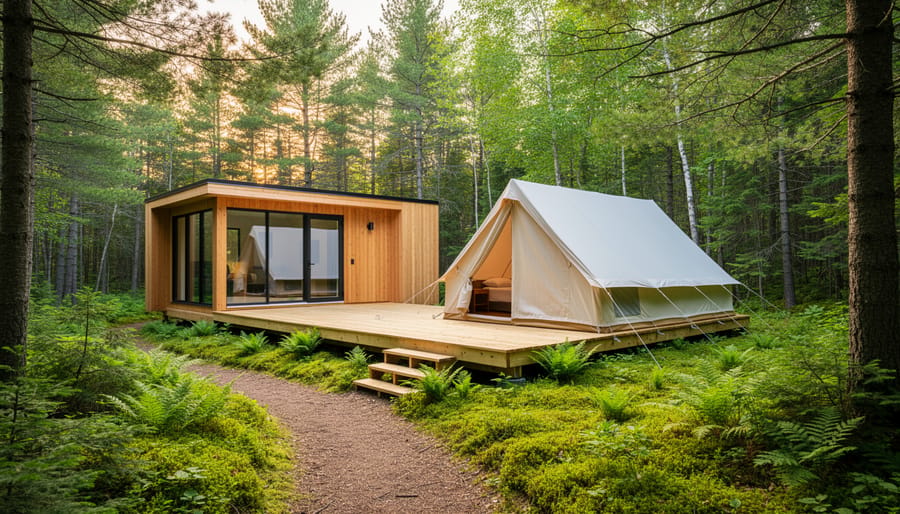 Eco-friendly cabin and tent set up in an Ontario forest campsite on a prepared surface with trees in the background