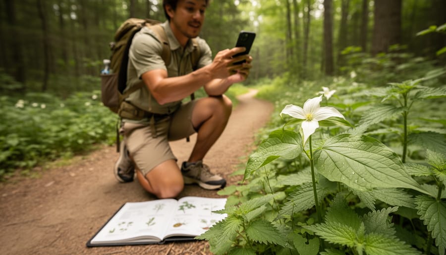A hiker kneels on an Ontario forest trail, using a smartphone and field guide to photograph a trillium and stinging nettle for plant identification.