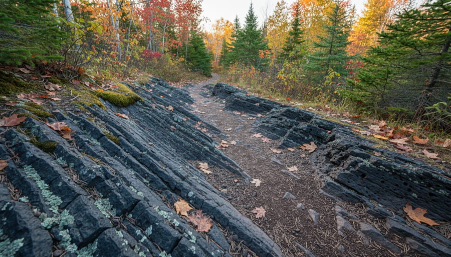 Close-up of dark basalt rock with natural fractures and fine-grained texture.