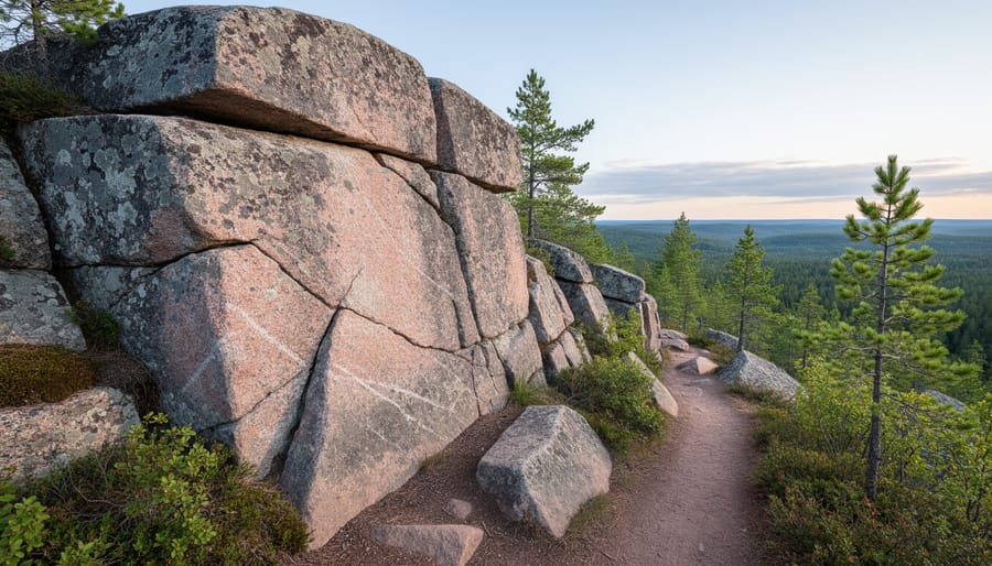 Granite rock outcrop with pink and grey speckled texture beside a forest trail in Ontario.