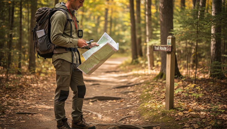 Hiker holding a smartphone near a GPS unit while standing on an Ontario trail