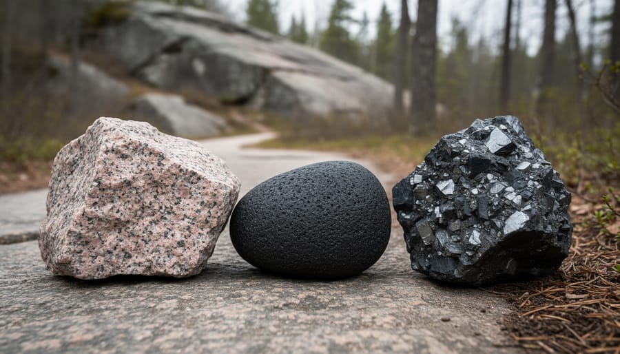 Close-up of granite, basalt, and gabbro rocks on an Ontario trail edge, showing speckled granite, dark fine-grained basalt, and crystal-textured gabbro with a blurred Canadian Shield background.