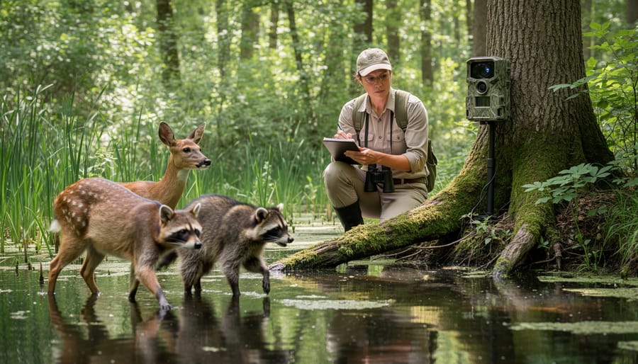 A naturalist with binoculars stands on a boardwalk in a forest wetland near a wildlife camera trap on a tree.