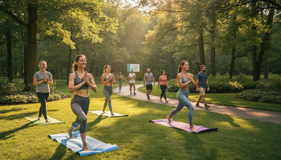 Yoga facilitator and participants practicing a standing yoga pose outdoors on a mat beside a forest path