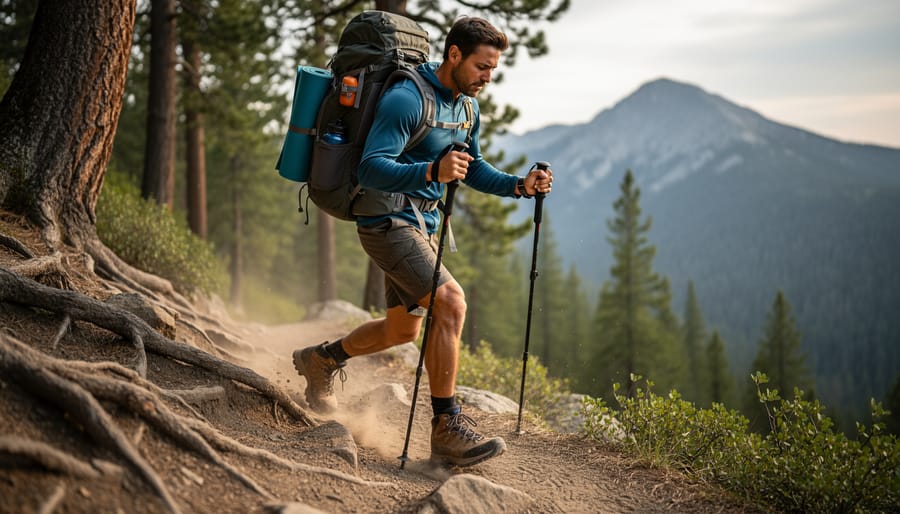 Paddler lifting a loaded canoe over rocky ground on a portage trail