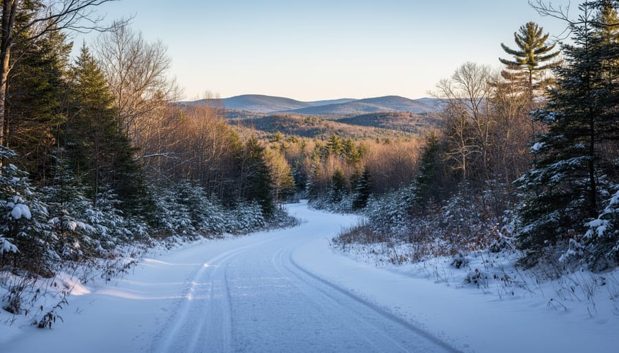 Snowmobile rider traveling on groomed snowmobile tracks through northern New Hampshire spruce forest