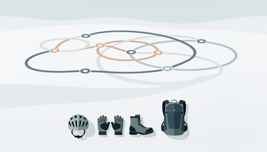 Snowmobile helmets and gloves on a snowy trail-side bench with a winter forest background
