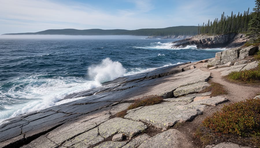 A backpacker overlooking rugged Lake Superior waves from rocky coastline