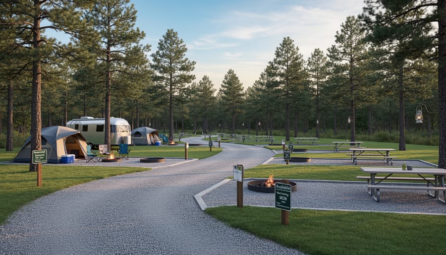 Quiet Ontario campground at dusk with picnic table and empty sites along a pathway