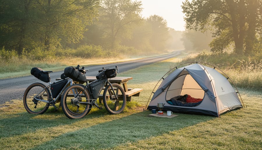 Bike and tent set up near a rail trail campsite in the early morning