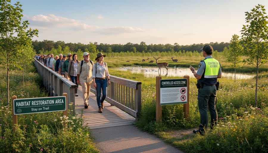 Restored wetland shoreline with native grasses and shallow water, showing a protected area for wildlife.