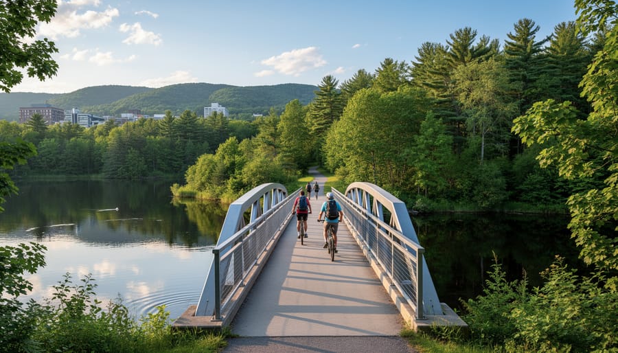 A backpacker crossing a rustic bridge over a forested waterway on the Rideau Trail