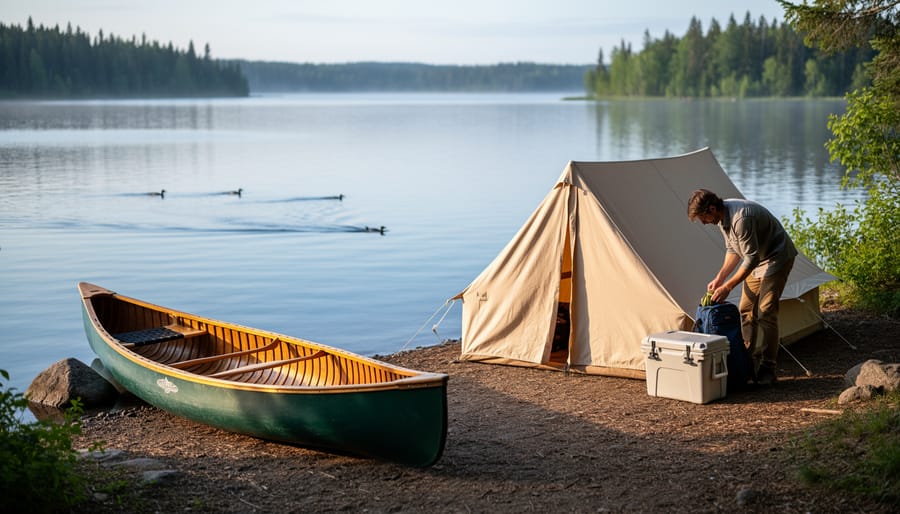 Lakeside backcountry campsite at Camping Rocher Panet with a canoe and tent near a granite outcrop at sunrise over Big Salmon Lake.