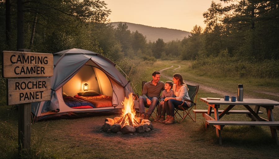 Dome tent pitched on level ground in a forest campsite clearing with a picnic table nearby