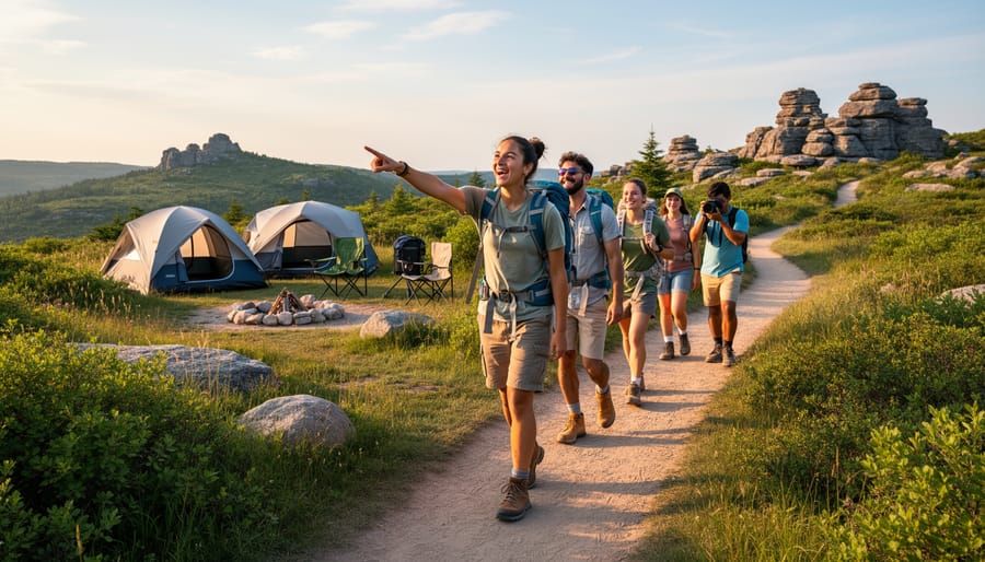 Hikers walking along a forest trail with lush greenery near a camping area