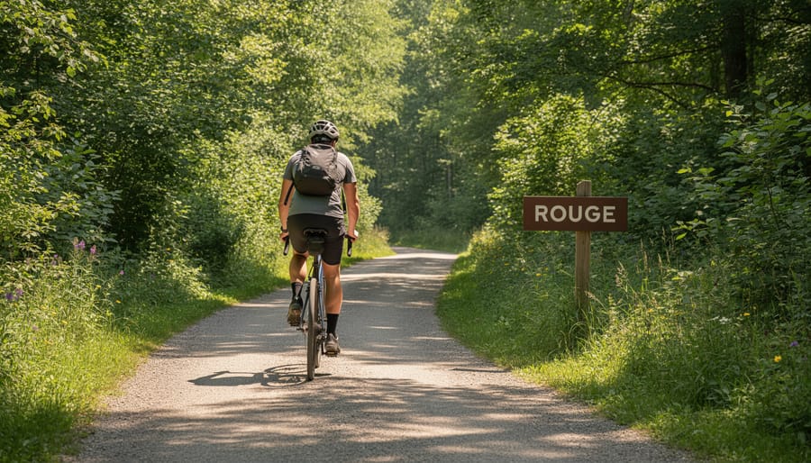 Cyclist riding a multi-use path toward Rouge National Urban Park entrance area