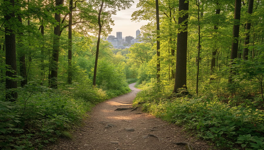 Wide view of hikers walking along a forest trail in Rouge National Urban Park under soft daylight