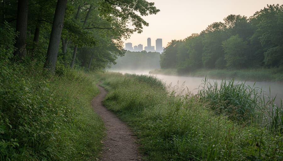 Dawn view of a trail through tallgrass prairie and forest near the Rouge River, with a softly blurred distant city skyline on the urban park’s edge.