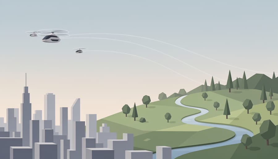 Futuristic eVTOL aircraft silhouette above a river and forested valley in Rouge National Urban Park