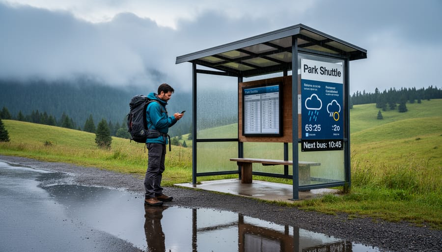 Hiker waiting at a rural bus stop with gloves on in a forest roadside setting.