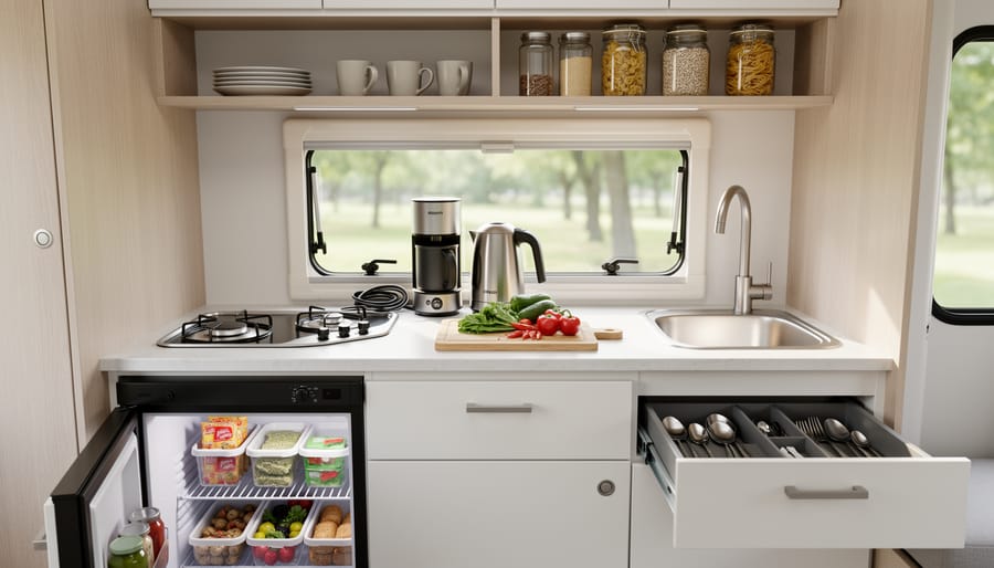Compact hotel kitchenette with stove, microwave, sink, and lunch supplies arranged on a countertop.