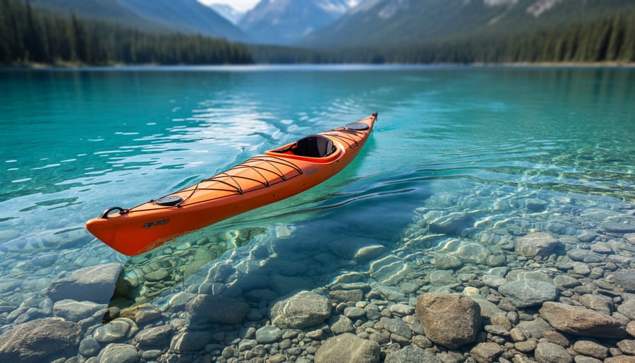 Kayaker on Scarecrow Lake with clear water showing submerged rocks
