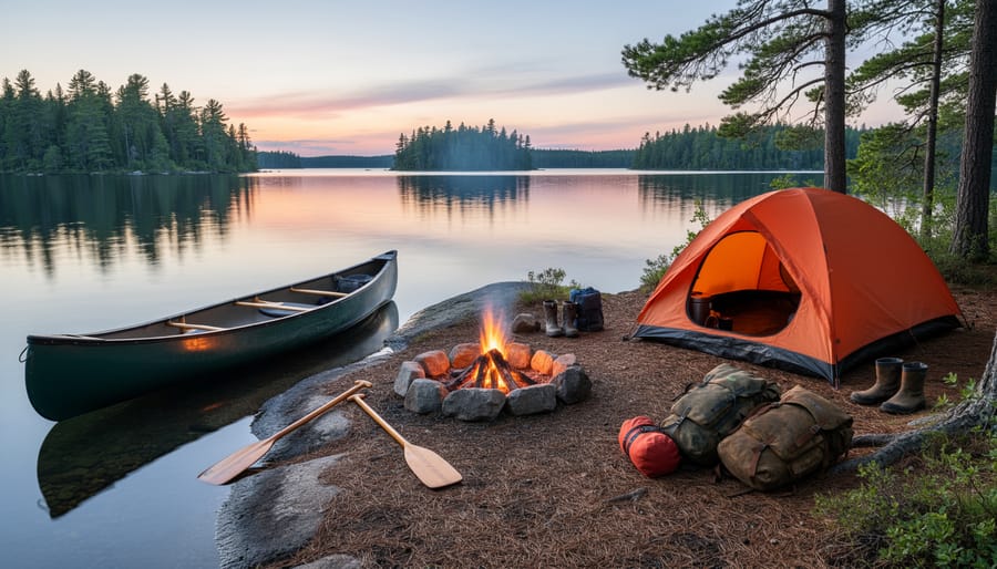 Canoe and camping gear set up at dusk near a calm lake in Frontenac backcountry