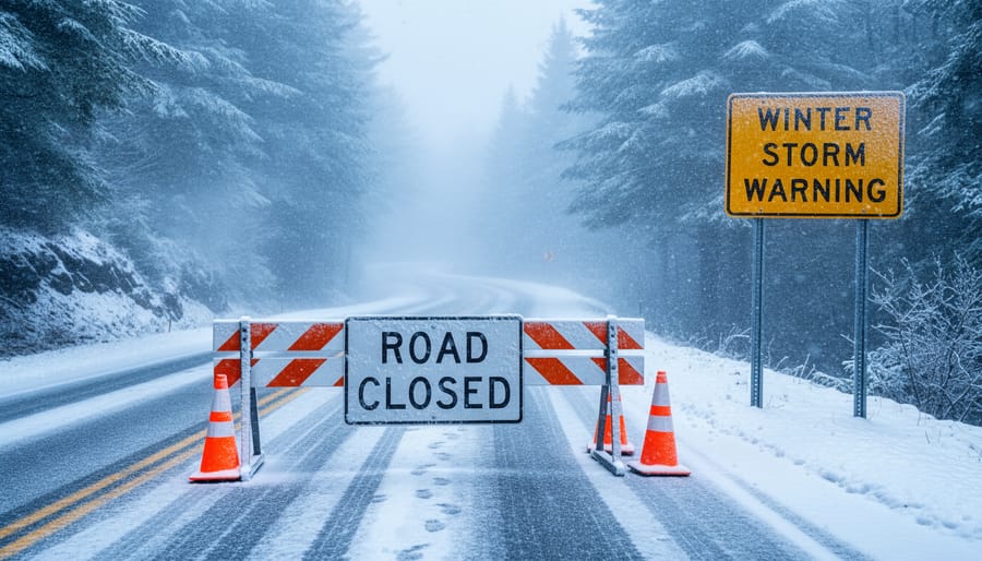 Snowy mountain road with a closed gate barrier and caution cone
