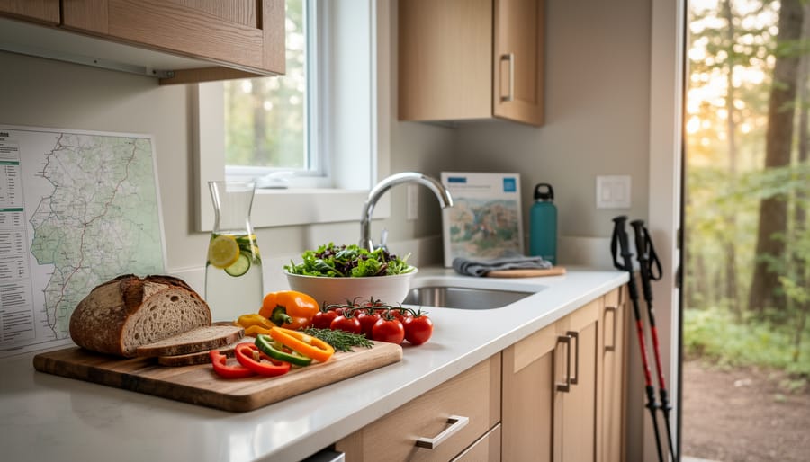 Hotel room kitchenette with coffee maker and fresh groceries, with blurred green trail scenery in the background.