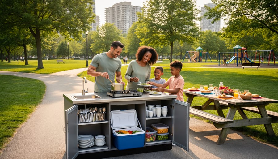 Family-oriented hotel kitchenette with stove, microwave, cookware, and plates arranged on a countertop.
