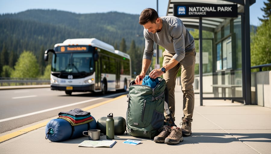 Traveler packing a daypack with a park map at a Canadian bus terminal.