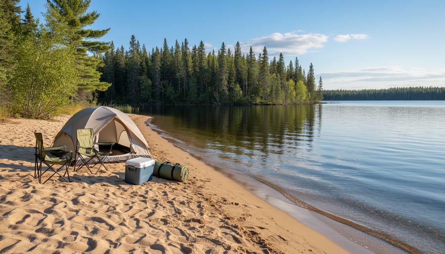 Campsite setup on a small island shoreline at Upper Wolseley Lake with canoe and dock