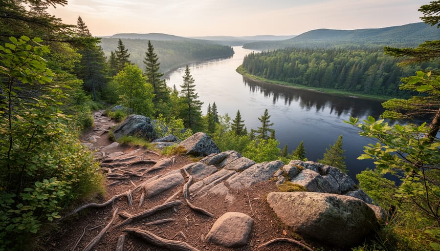 A backpacker overlooking a bend in a river along the Voyageur Hiking Trail