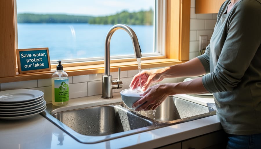 Hands washing reusable dishes near an eco-lodge sink with water and rain barrel visible in the background