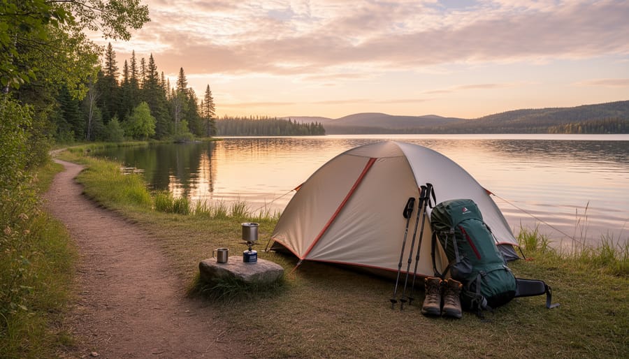 Backpacking gear and tent at a lakeside campsite along Ontario’s Waterfront Trail