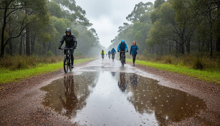 Bikepacking rider on wet gravel rail trail with waterproof gear in rainy weather