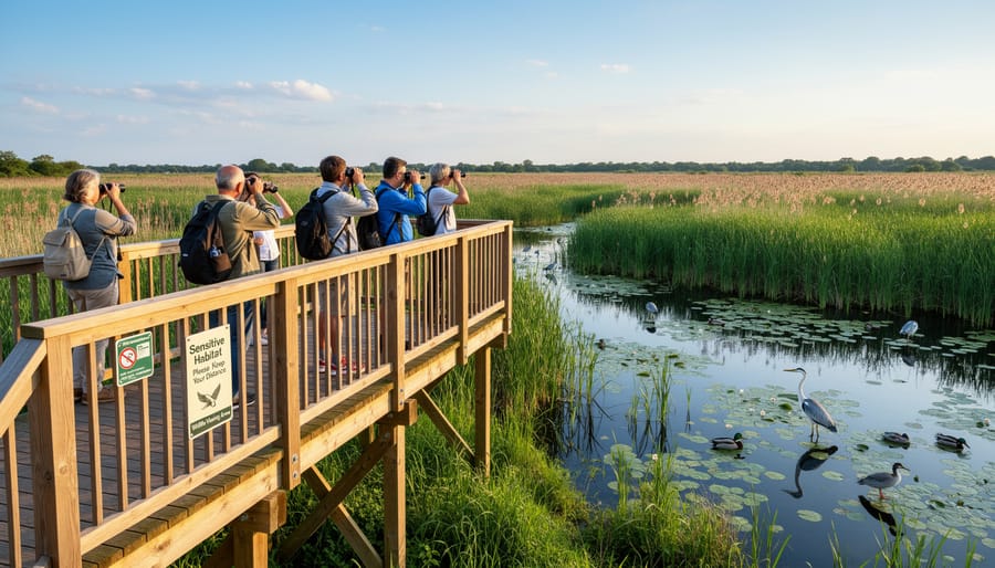 Visitors stand on a wooden boardwalk looking into a lush wetland with birds in the distance.